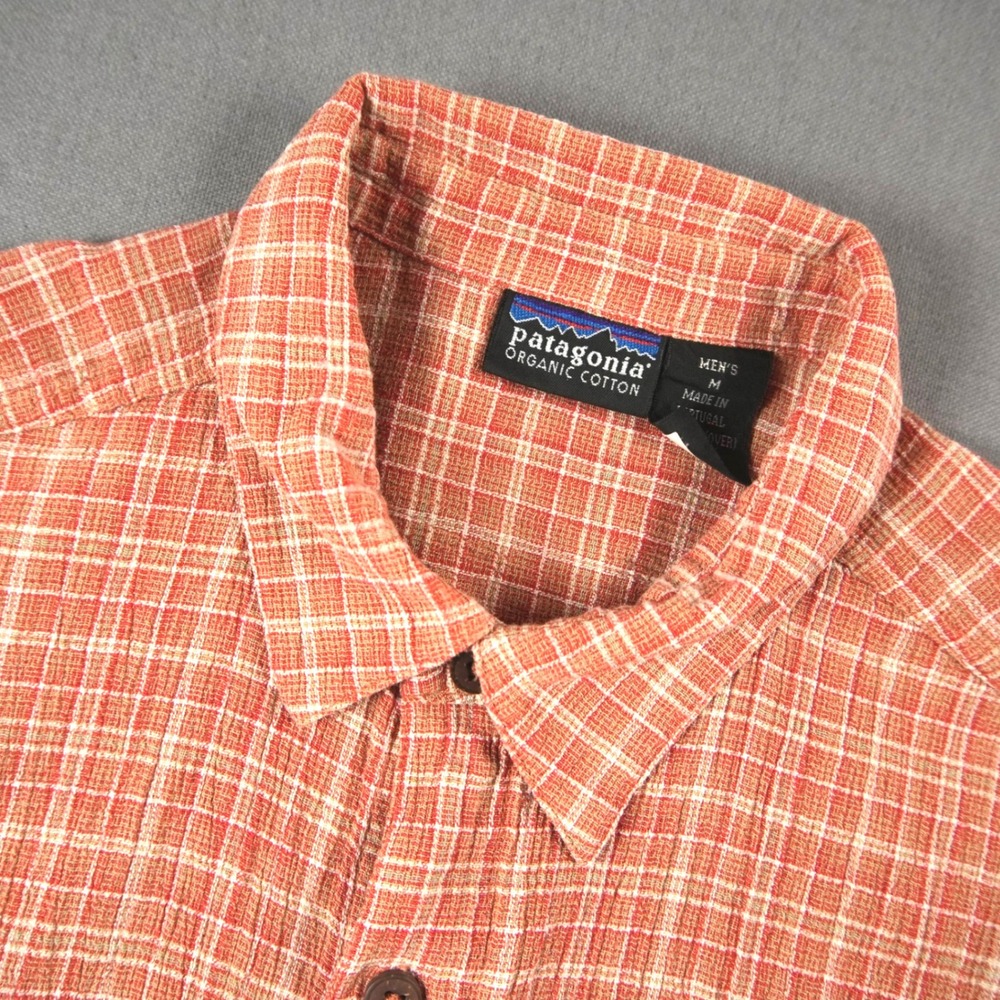 Vintage 90s Patagonia Crinkled Plaid Shirt Mens M Orange Short Sleeve Portugal